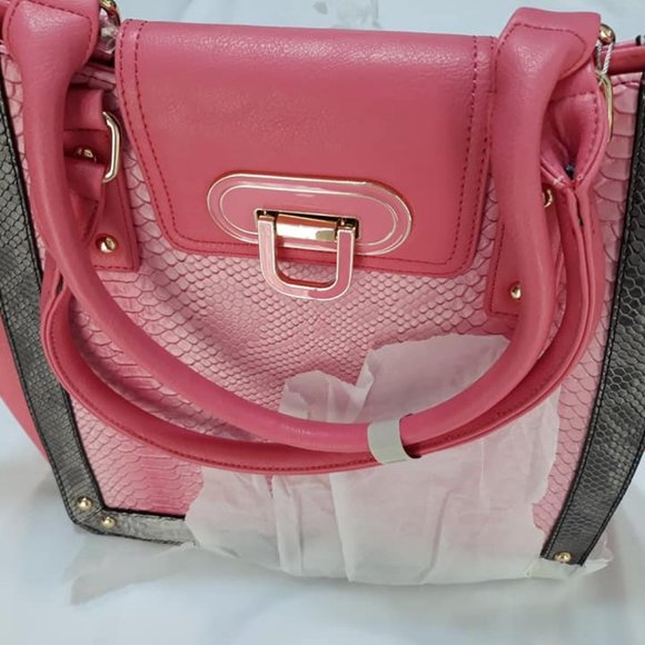 VIETA Fashion Bags Snake Skin Accented Center Clip On Top Handbag